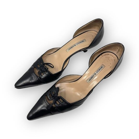 Manolo Blahnik Retro Black Leather Bow Detail Pointed Toe Heel Womens Size EU 41 - Picture 1 of 16